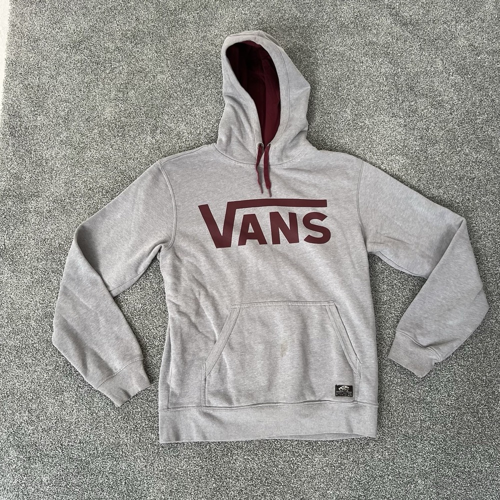 Vans Hoodie Gray Pullover Logo Sweatshirt Mens S Burgundy Accents